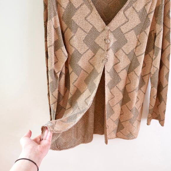 slinky knit blouse | funky y2k vintage chevron knit neutral collared L - Picture 5 of 16
